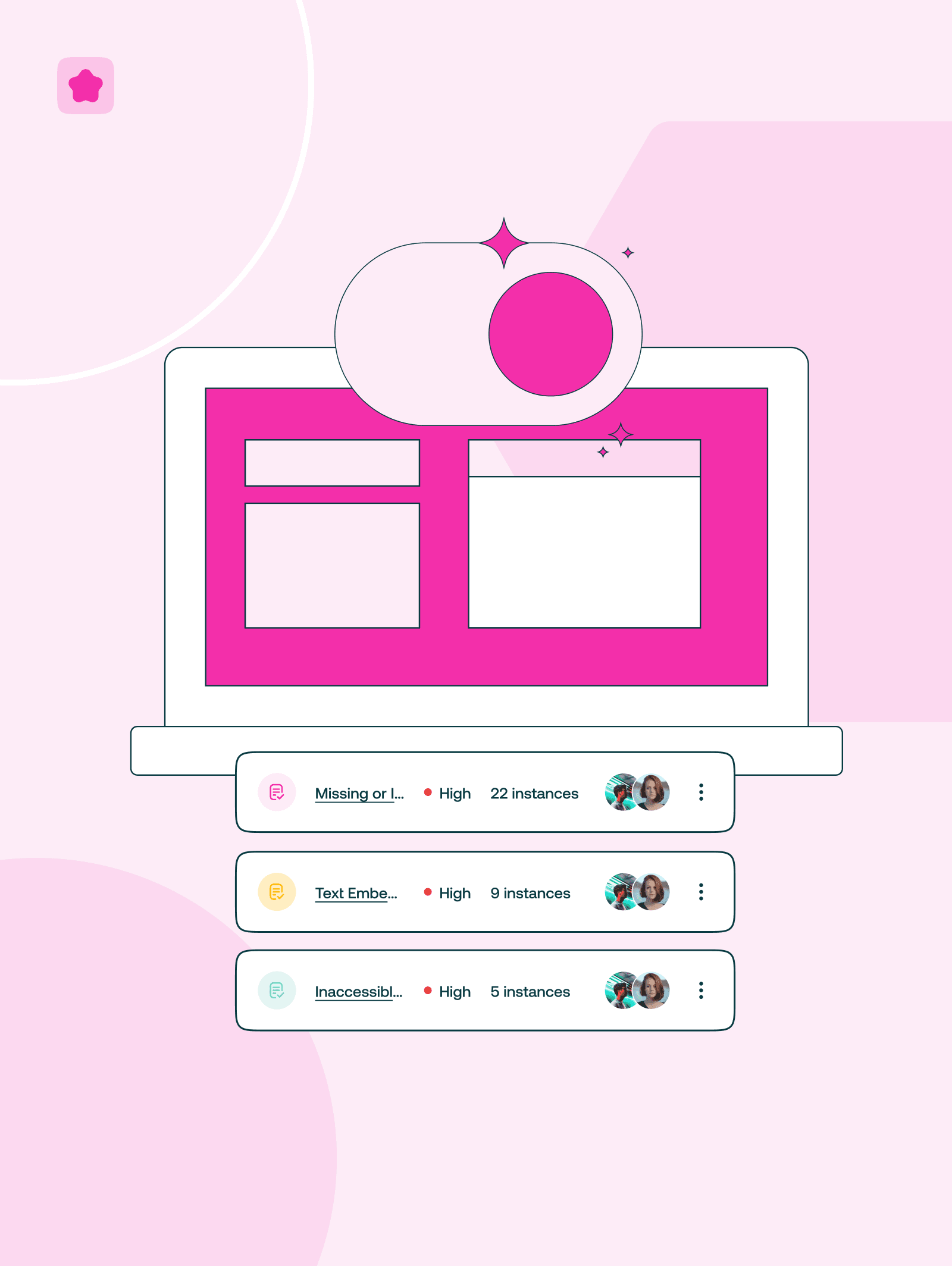 List of web accessibility issues with instance counts