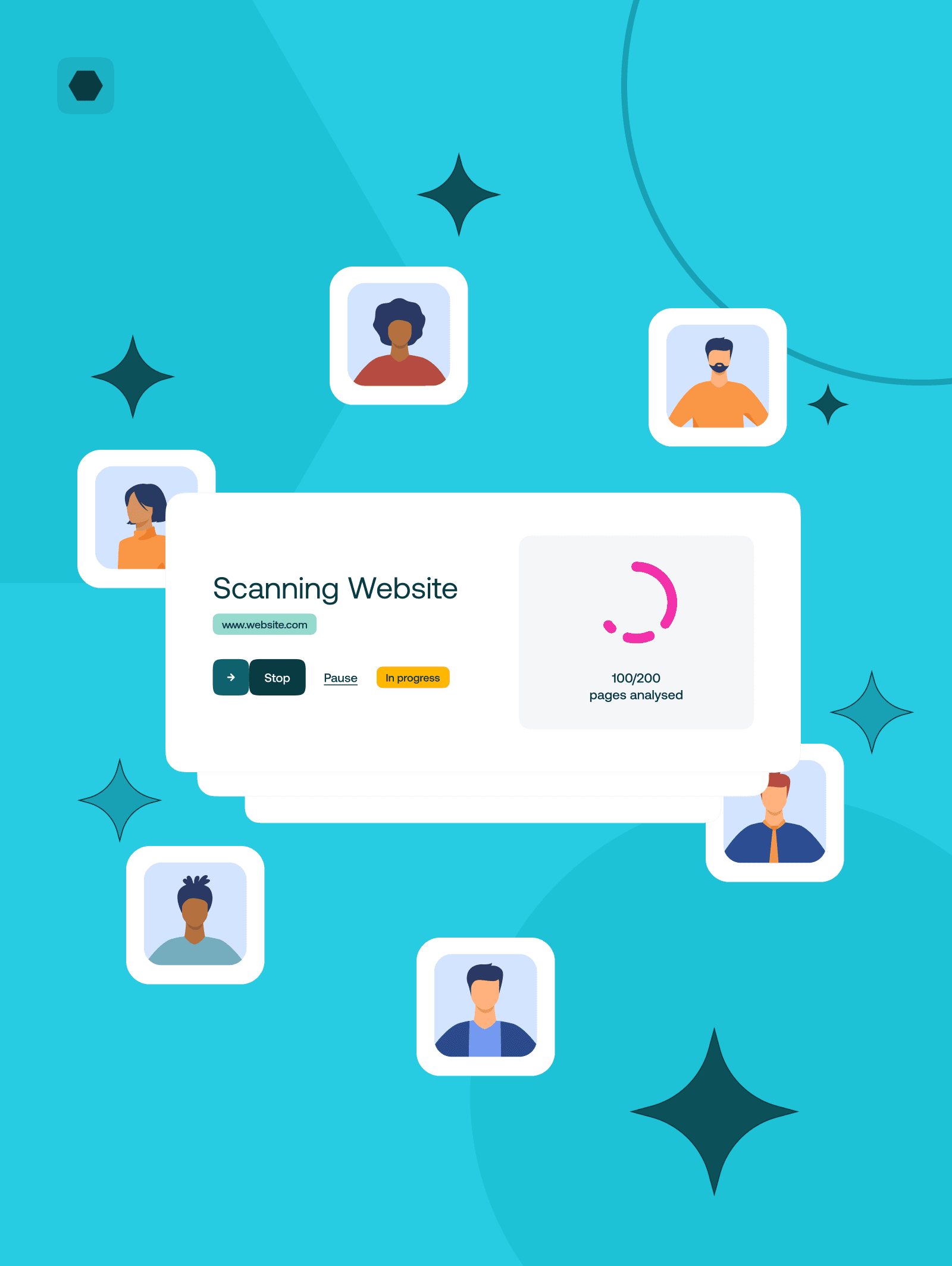 Website scanner in progress, surrounded by person icons.