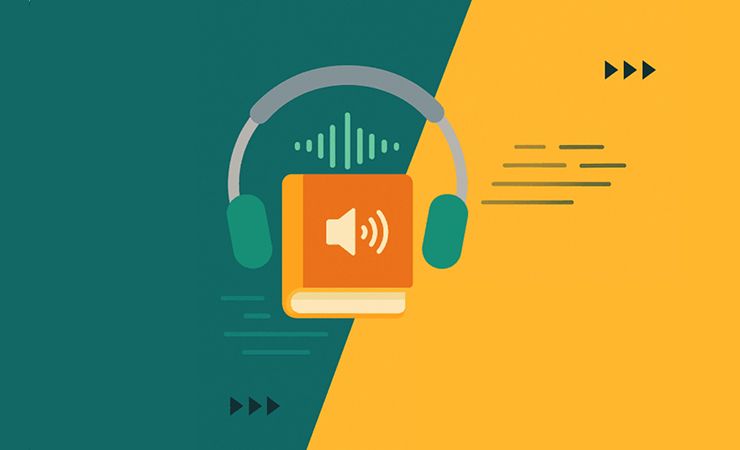Illustration of audio accessibility with headphones, sound waves, and a speaker icon.
