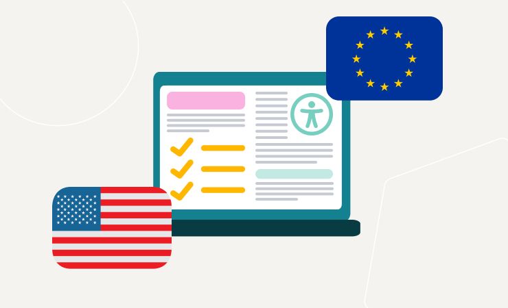 Laptop displaying an accessibility checklist with EU and US flags, representing international compliance
