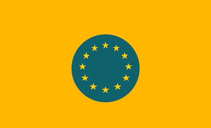 illustration of yellow background with a teal circle centered on the page. Inside the circle are small yellow stars arranged in a ring, symbolizing European accessibility.