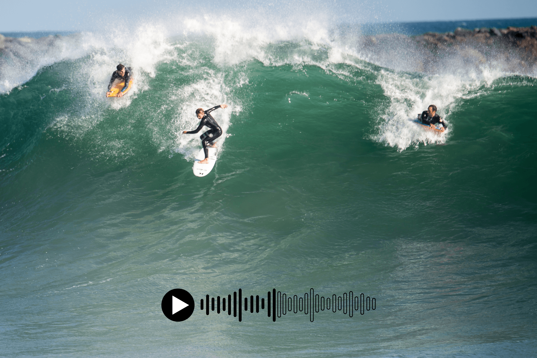 Three surfers on big wave, audio play button in foreground